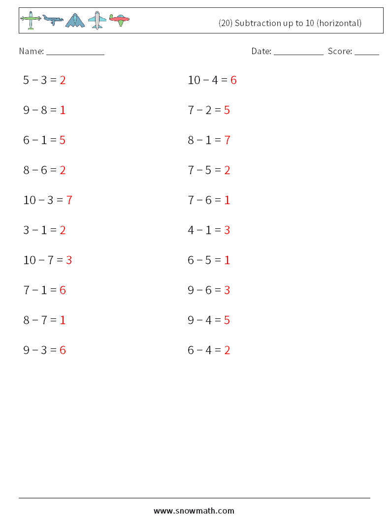 (20) Subtraction up to 10 (horizontal) Math Worksheets 2 Question, Answer