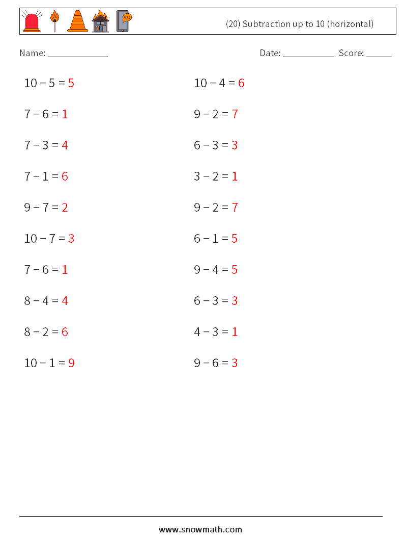 (20) Subtraction up to 10 (horizontal) Math Worksheets 3 Question, Answer