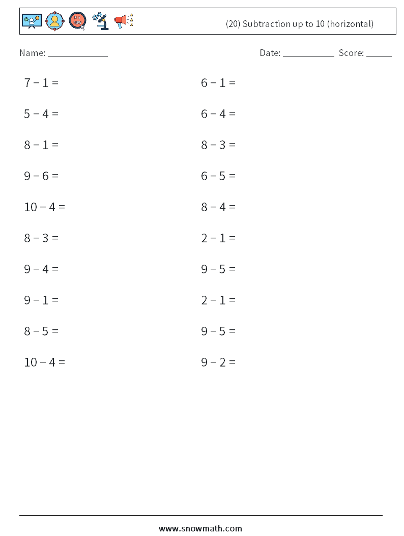 (20) Subtraction up to 10 (horizontal) Math Worksheets 4