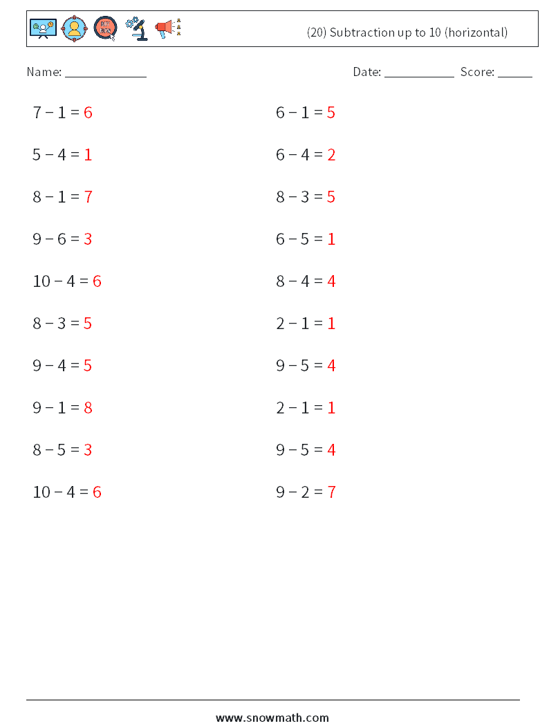 (20) Subtraction up to 10 (horizontal) Math Worksheets 4 Question, Answer