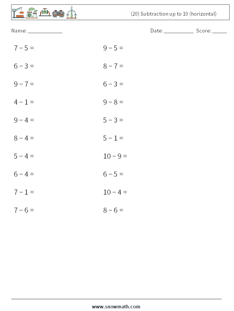 (20) Subtraction up to 10 (horizontal) Math Worksheets 5