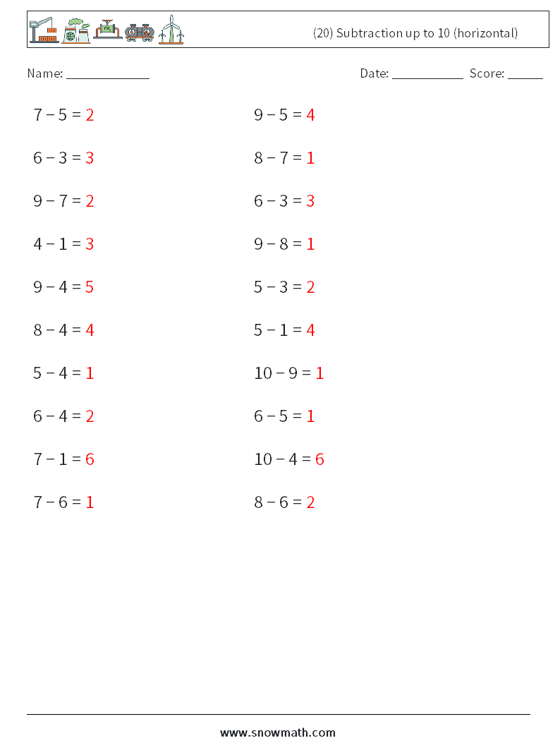 (20) Subtraction up to 10 (horizontal) Math Worksheets 5 Question, Answer