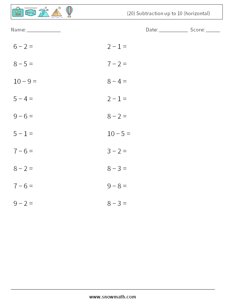 (20) Subtraction up to 10 (horizontal) Math Worksheets 6