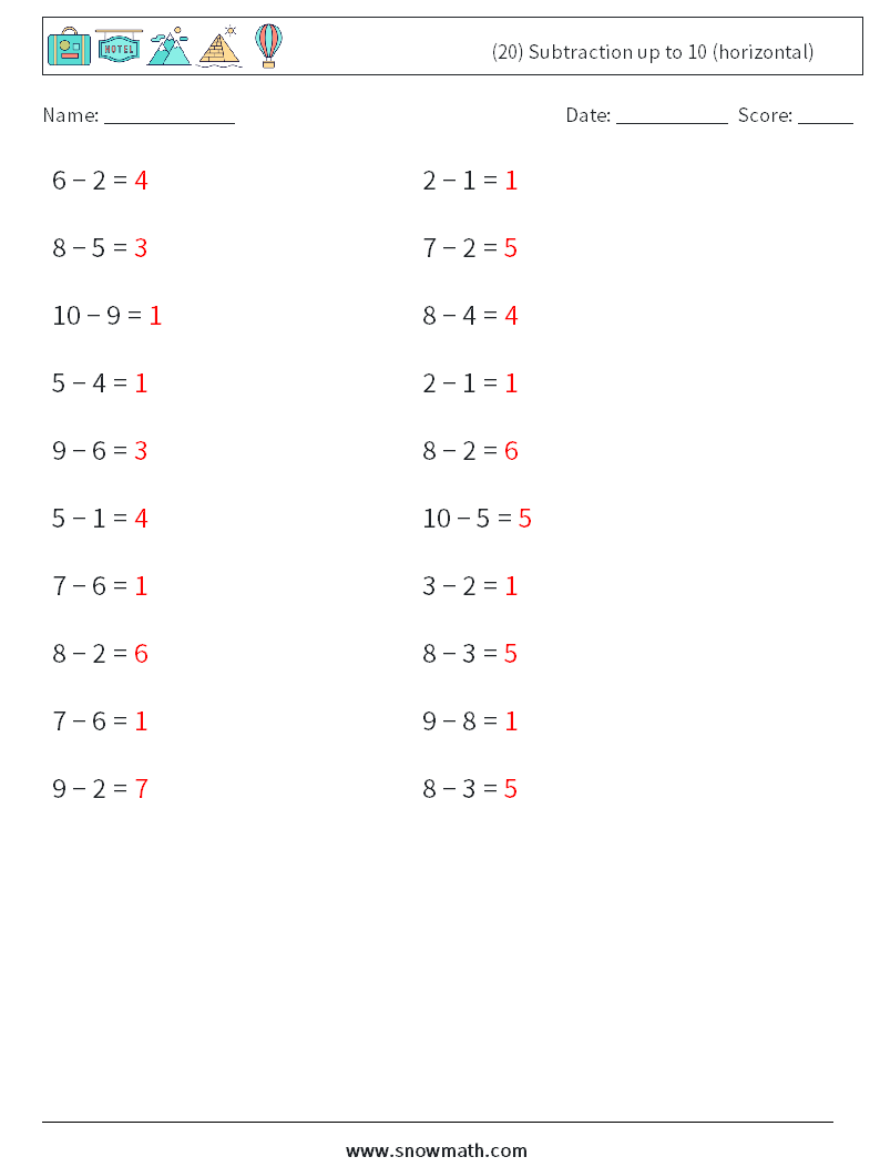 (20) Subtraction up to 10 (horizontal) Math Worksheets 6 Question, Answer