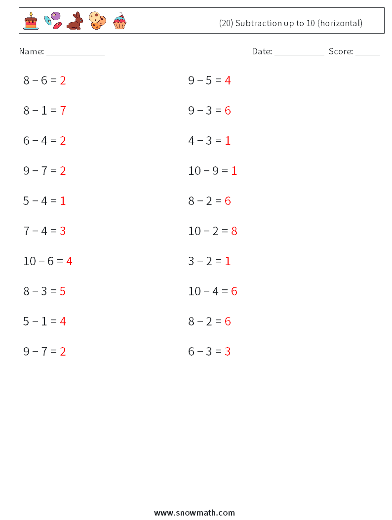 (20) Subtraction up to 10 (horizontal) Math Worksheets 7 Question, Answer