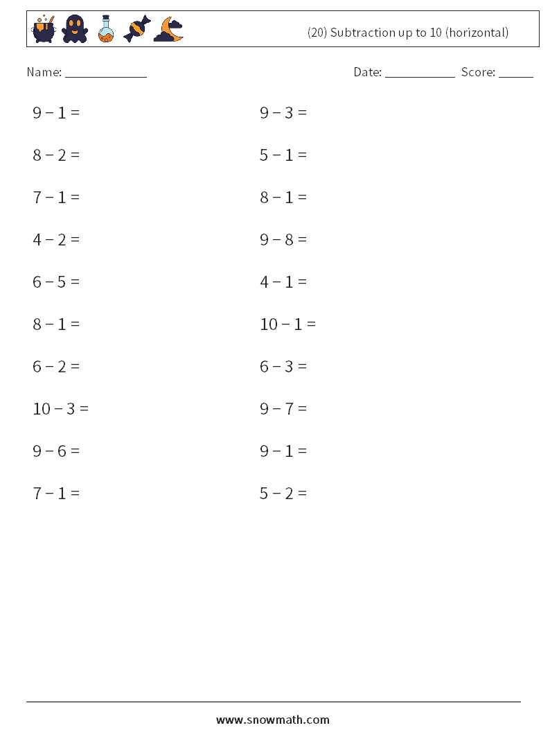 (20) Subtraction up to 10 (horizontal) Math Worksheets 8