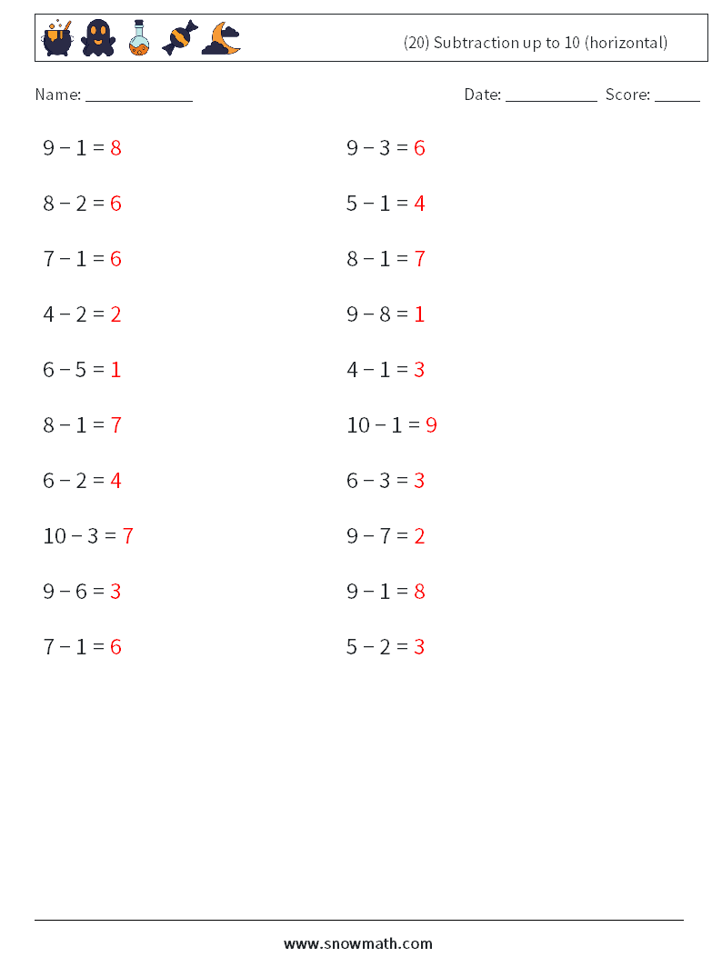 (20) Subtraction up to 10 (horizontal) Math Worksheets 8 Question, Answer