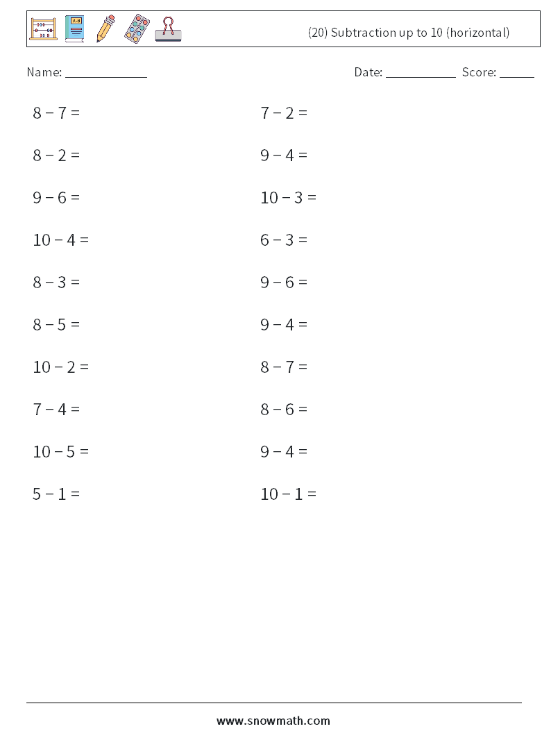 (20) Subtraction up to 10 (horizontal) Math Worksheets 9
