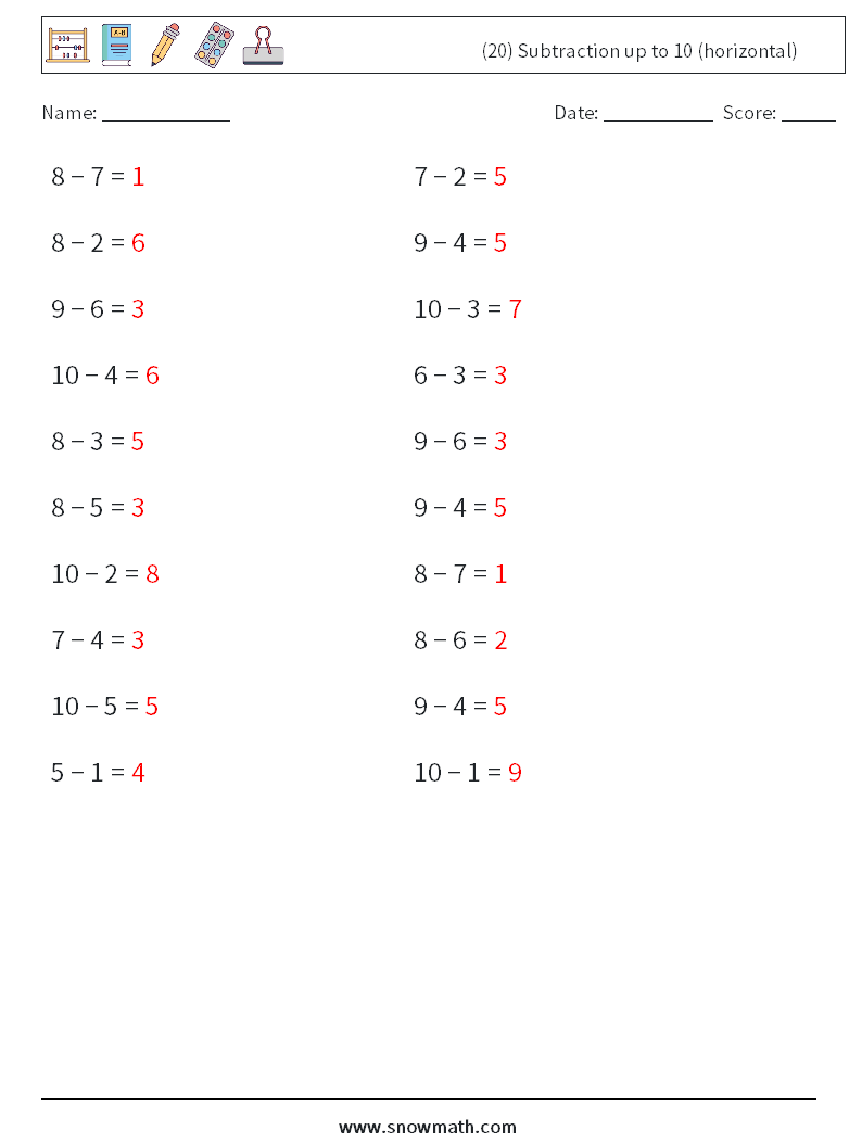 (20) Subtraction up to 10 (horizontal) Math Worksheets 9 Question, Answer