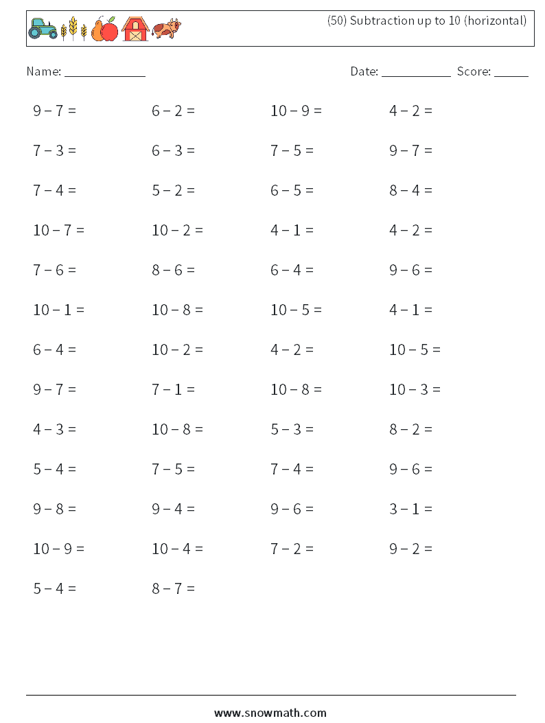 (50) Subtraction up to 10 (horizontal) Math Worksheets 1