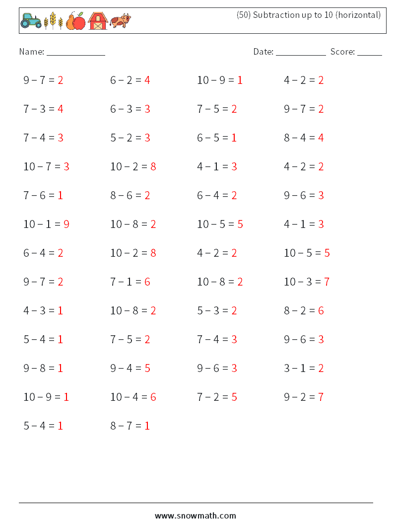 (50) Subtraction up to 10 (horizontal) Math Worksheets 1 Question, Answer