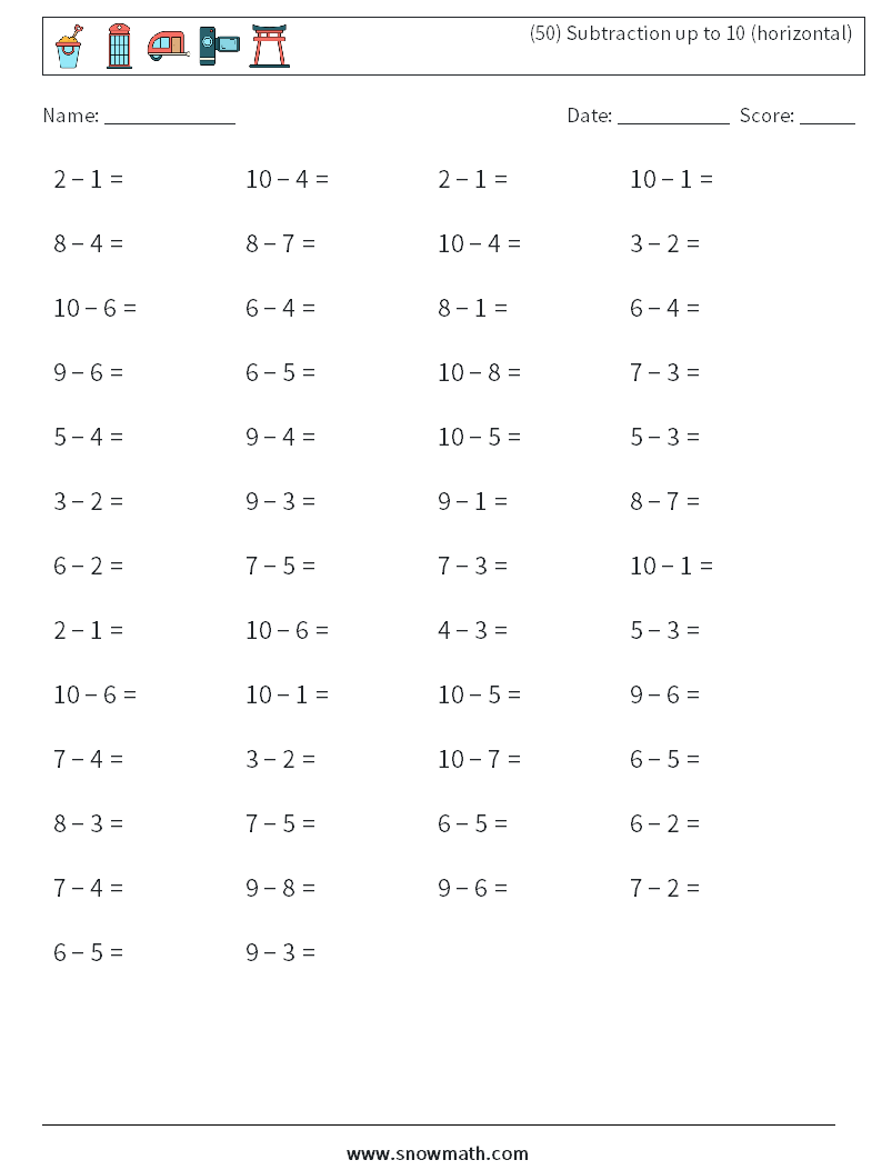 (50) Subtraction up to 10 (horizontal) Math Worksheets 3