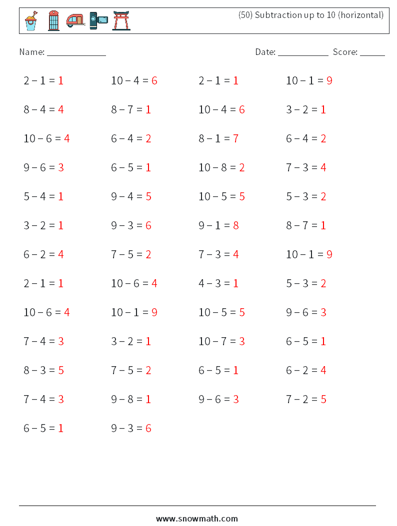 (50) Subtraction up to 10 (horizontal) Math Worksheets 3 Question, Answer