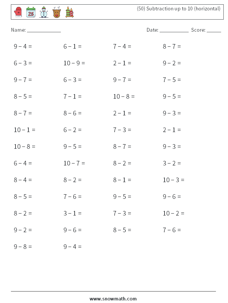 (50) Subtraction up to 10 (horizontal) Math Worksheets 4