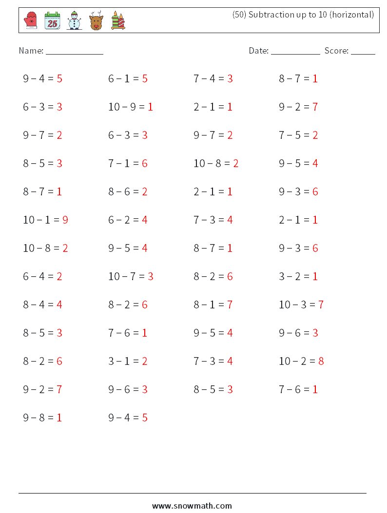 (50) Subtraction up to 10 (horizontal) Math Worksheets 4 Question, Answer
