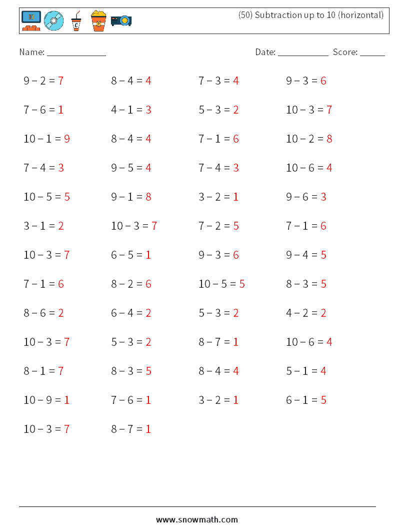 (50) Subtraction up to 10 (horizontal) Math Worksheets 5 Question, Answer