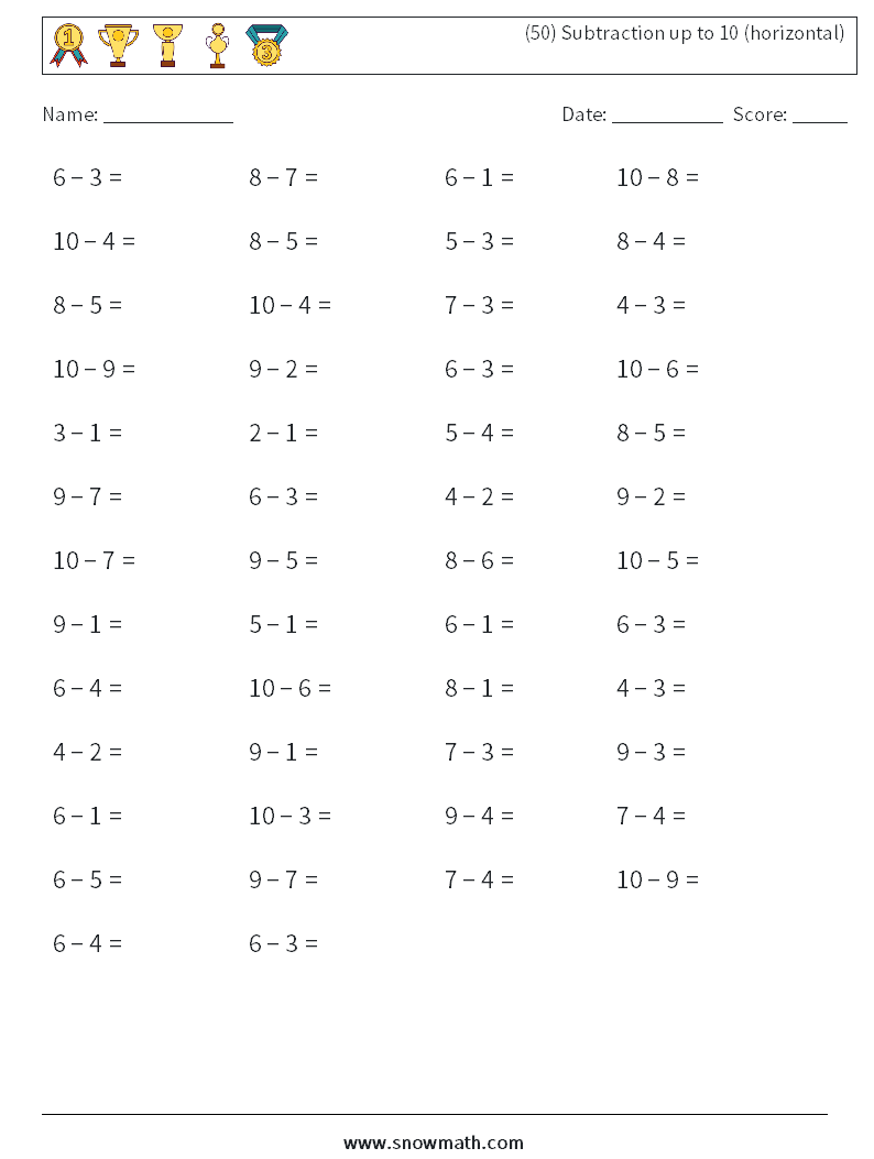 (50) Subtraction up to 10 (horizontal) Math Worksheets 6