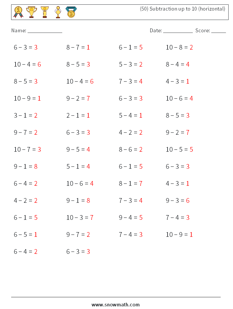 (50) Subtraction up to 10 (horizontal) Math Worksheets 6 Question, Answer