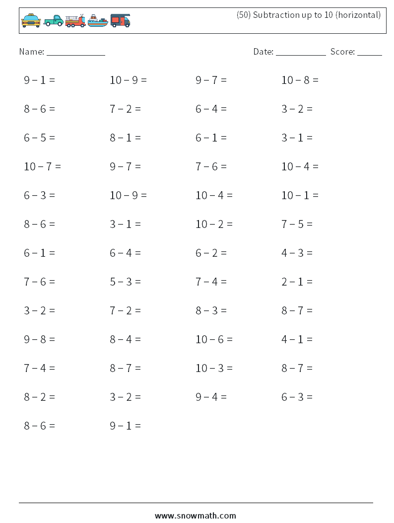 (50) Subtraction up to 10 (horizontal) Math Worksheets 7