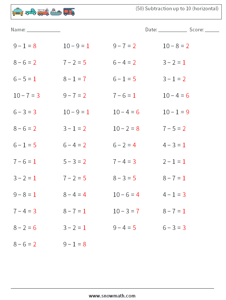 (50) Subtraction up to 10 (horizontal) Math Worksheets 7 Question, Answer