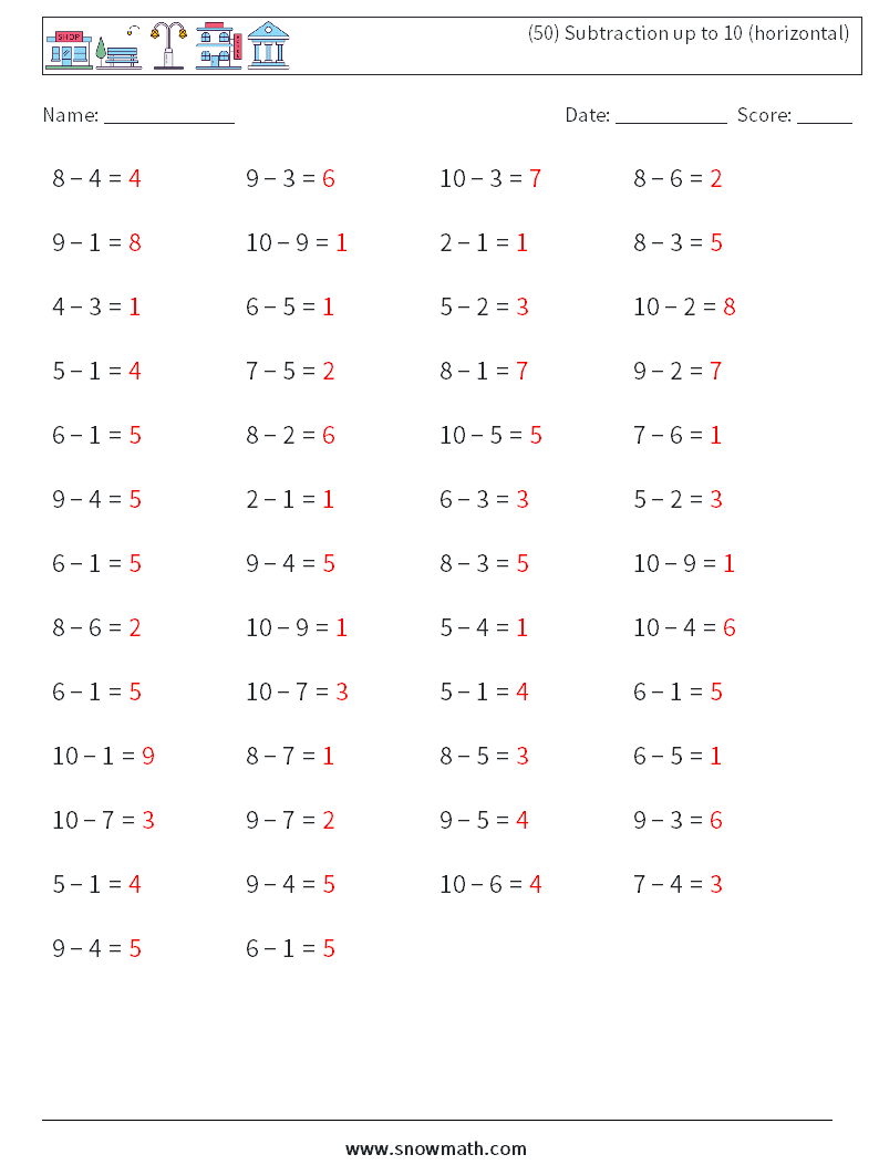 (50) Subtraction up to 10 (horizontal) Math Worksheets 8 Question, Answer