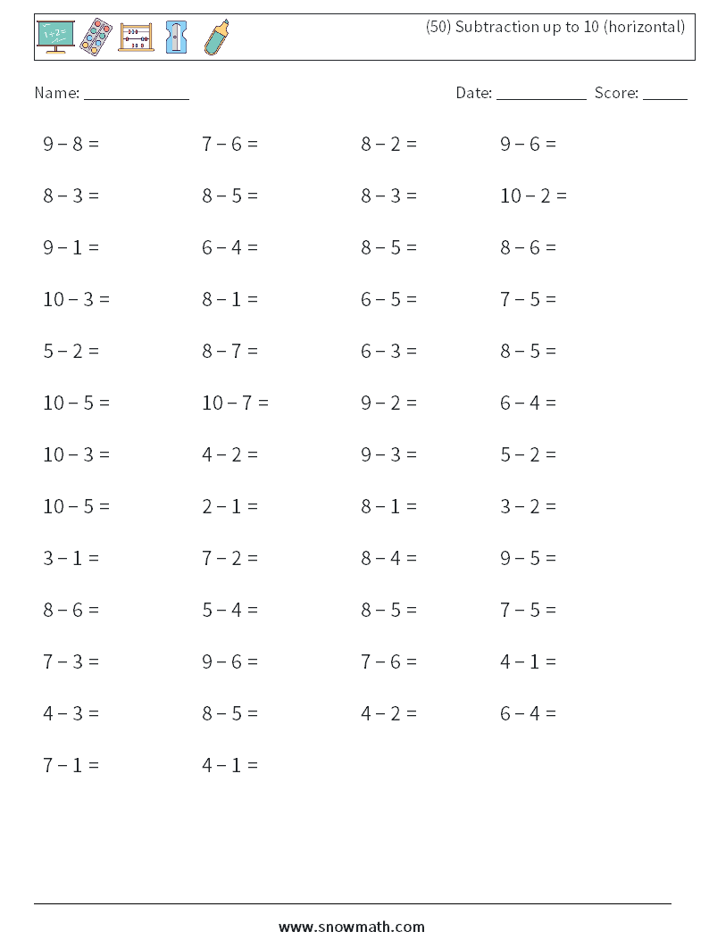 (50) Subtraction up to 10 (horizontal) Math Worksheets 9