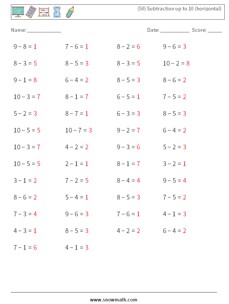 (50) Subtraction up to 10 (horizontal) Math Worksheets 9 Question, Answer