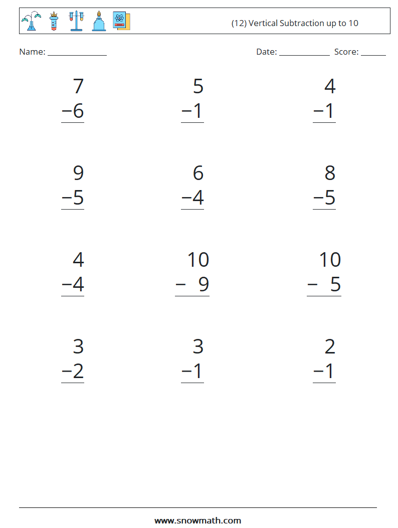 (12) Vertical Subtraction up to 10 Math Worksheets 1