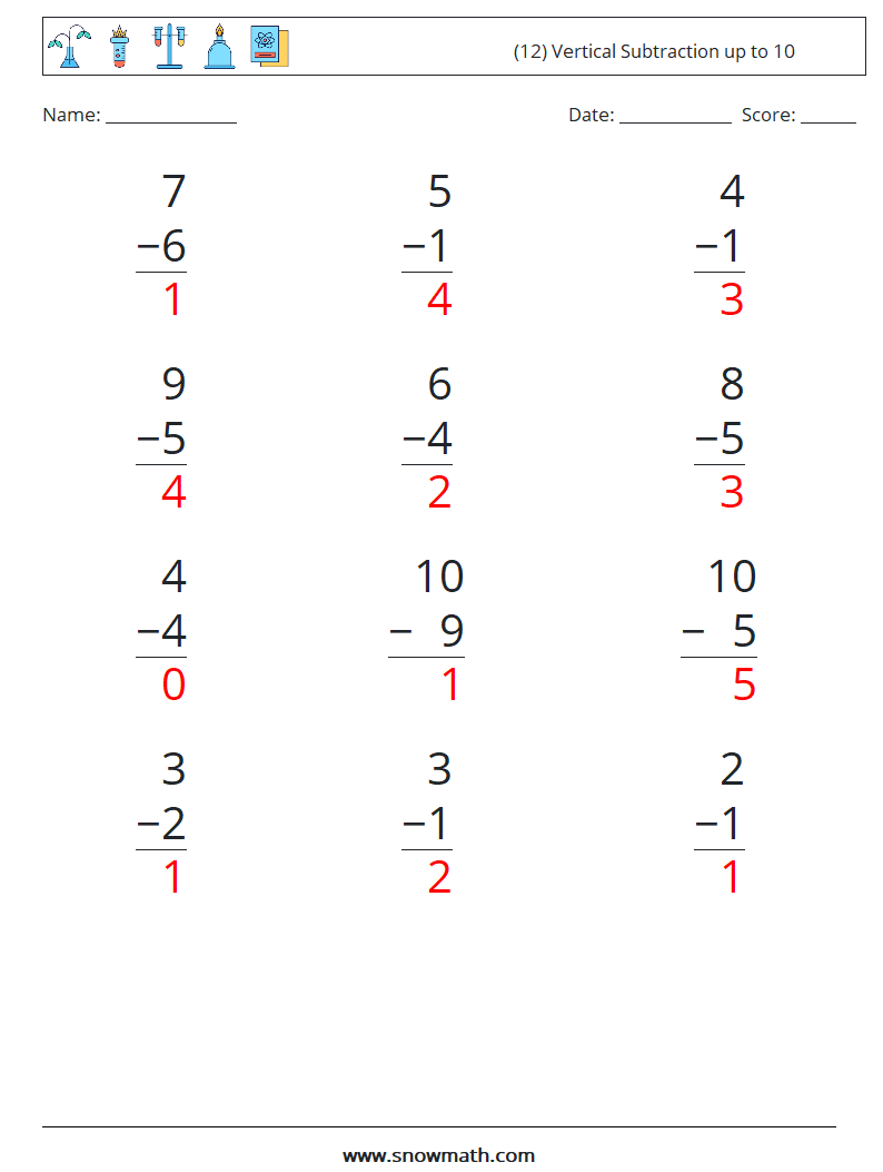 (12) Vertical Subtraction up to 10 Math Worksheets 1 Question, Answer