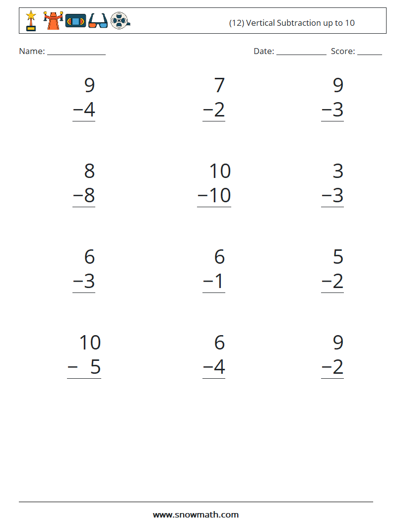 (12) Vertical Subtraction up to 10 Math Worksheets 2