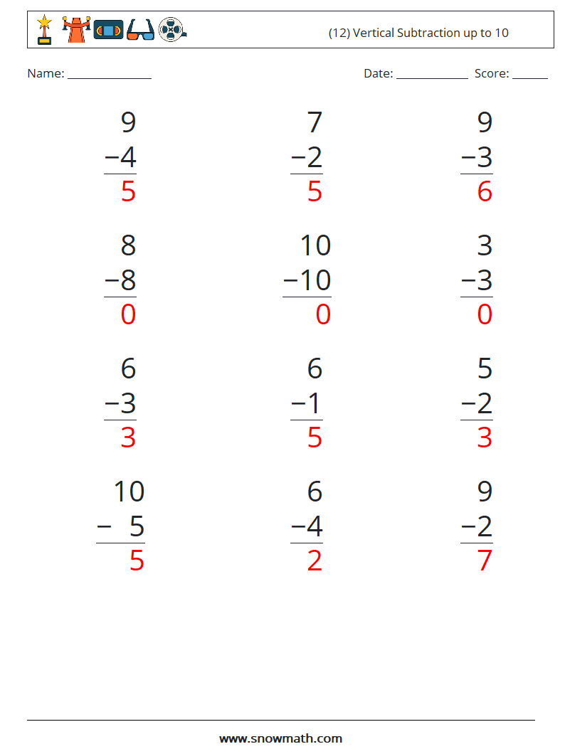 (12) Vertical Subtraction up to 10 Math Worksheets 2 Question, Answer