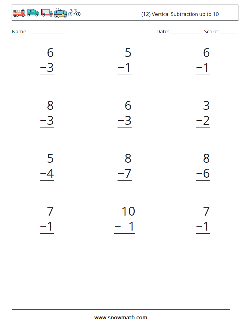 (12) Vertical Subtraction up to 10 Math Worksheets 3