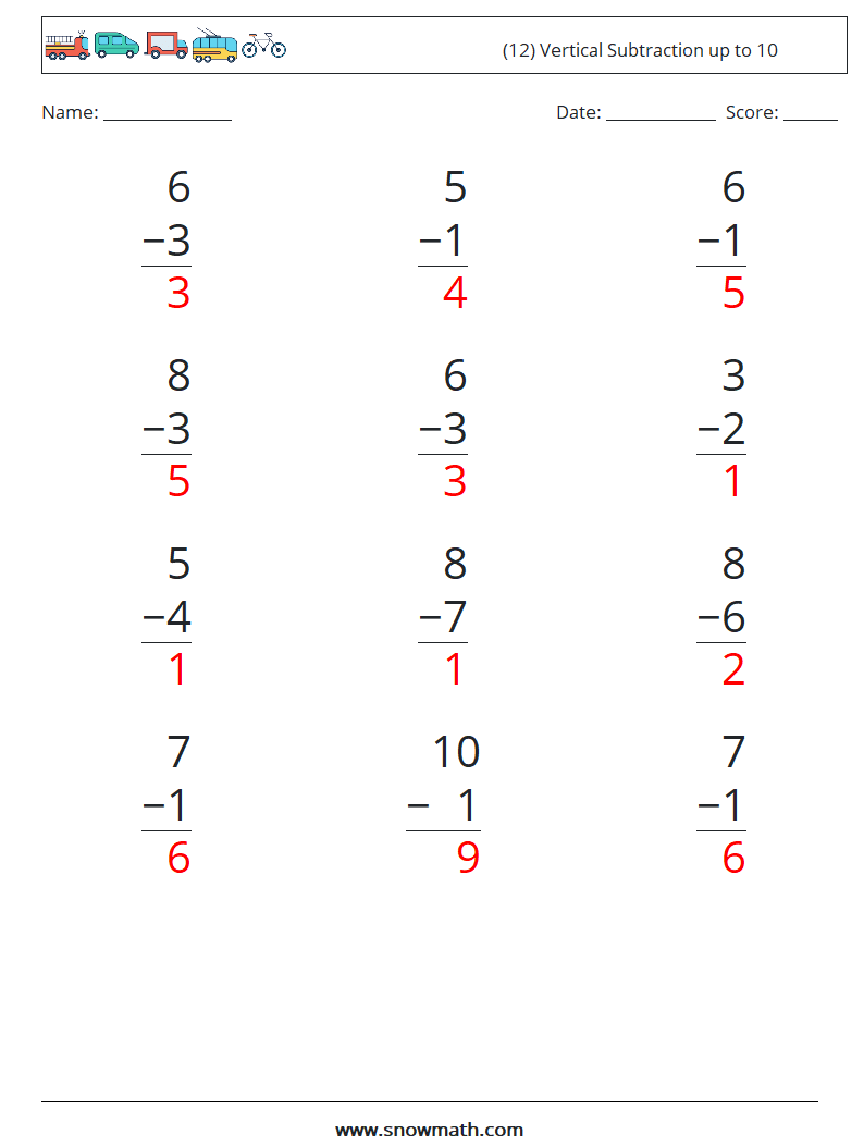 (12) Vertical Subtraction up to 10 Math Worksheets 3 Question, Answer