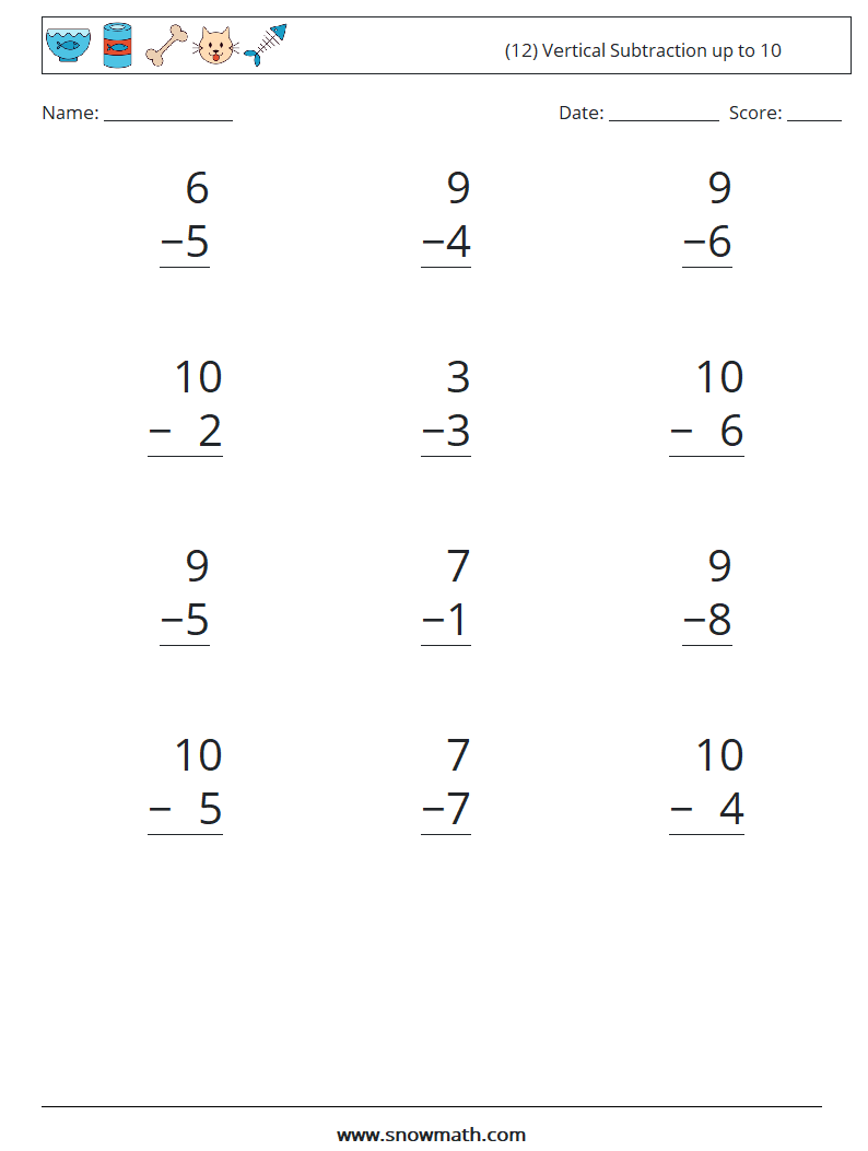 (12) Vertical Subtraction up to 10 Math Worksheets 4