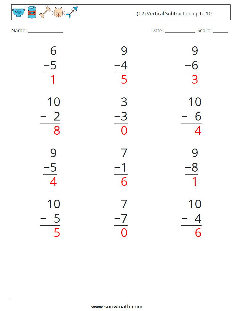 (12) Vertical Subtraction up to 10 Math Worksheets 4 Question, Answer
