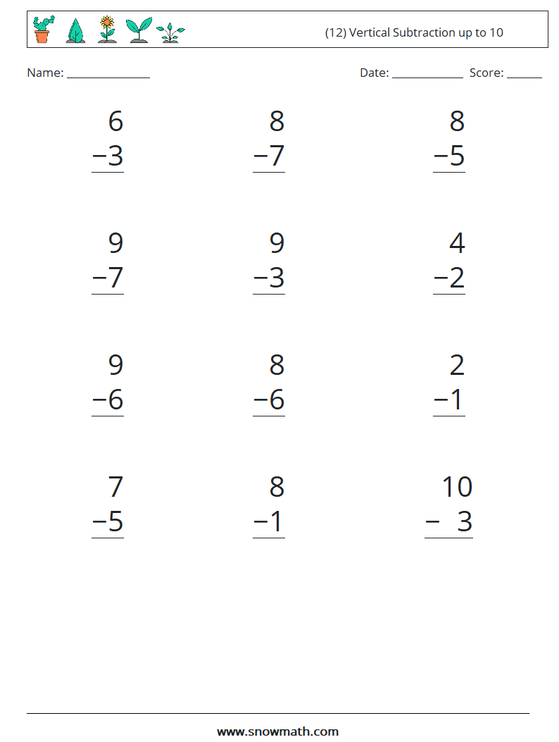 (12) Vertical Subtraction up to 10 Math Worksheets 5