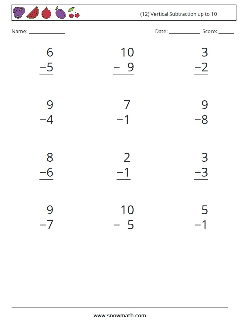 (12) Vertical Subtraction up to 10 Math Worksheets 6