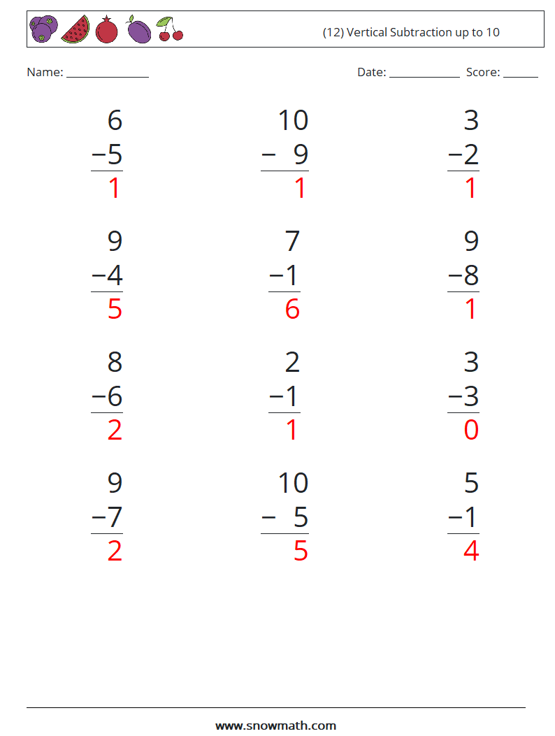 (12) Vertical Subtraction up to 10 Math Worksheets 6 Question, Answer