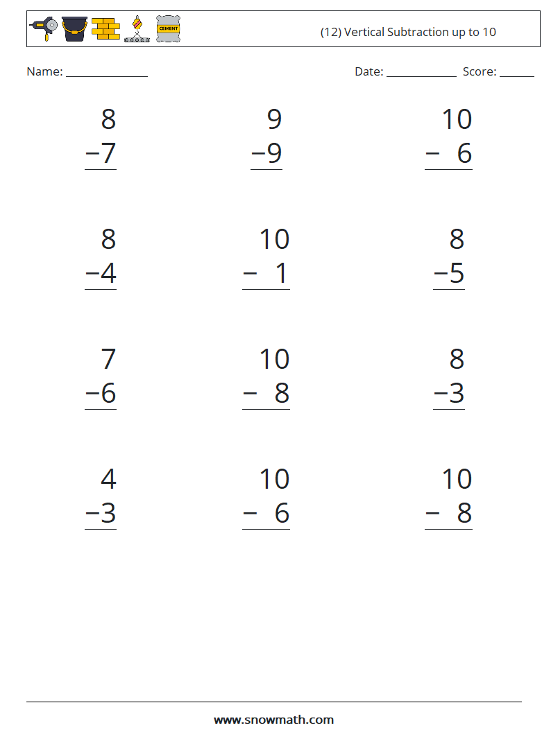 (12) Vertical Subtraction up to 10 Math Worksheets 7