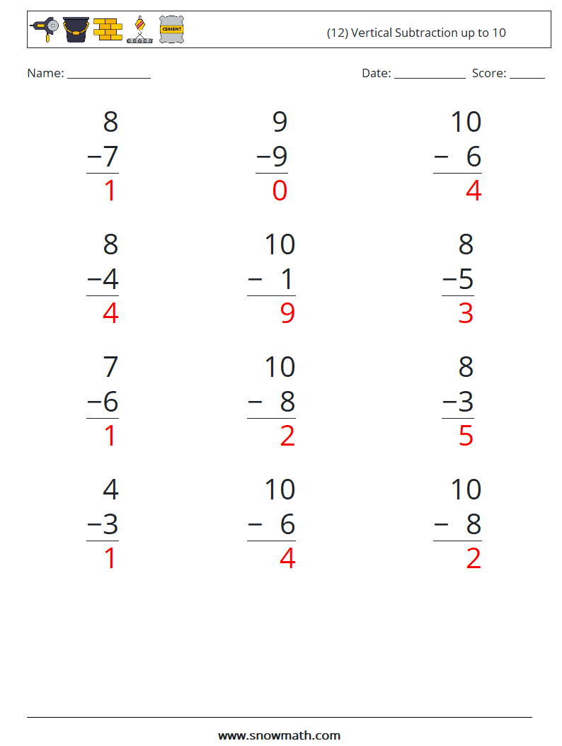 (12) Vertical Subtraction up to 10 Math Worksheets 7 Question, Answer