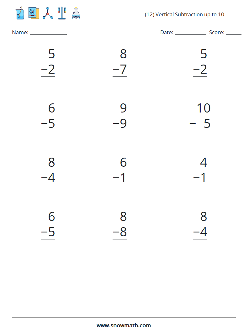 (12) Vertical Subtraction up to 10 Math Worksheets 8