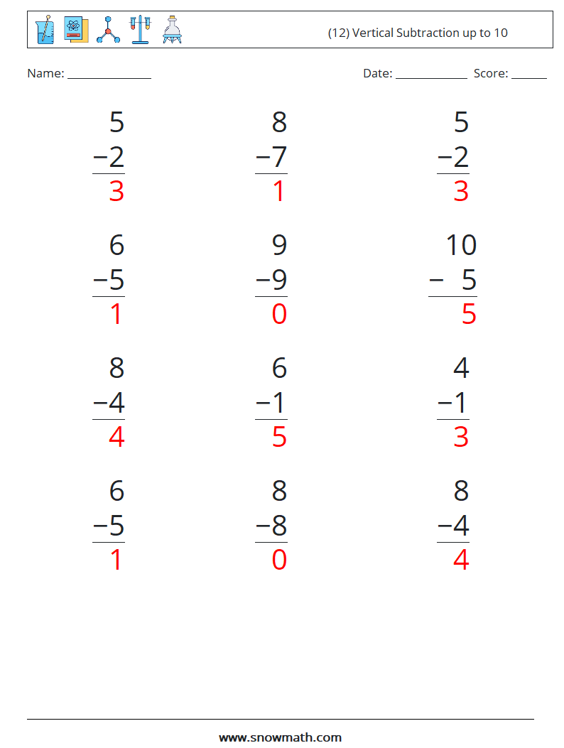 (12) Vertical Subtraction up to 10 Math Worksheets 8 Question, Answer