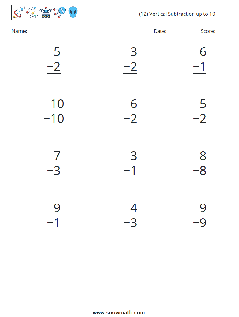 (12) Vertical Subtraction up to 10 Math Worksheets 9