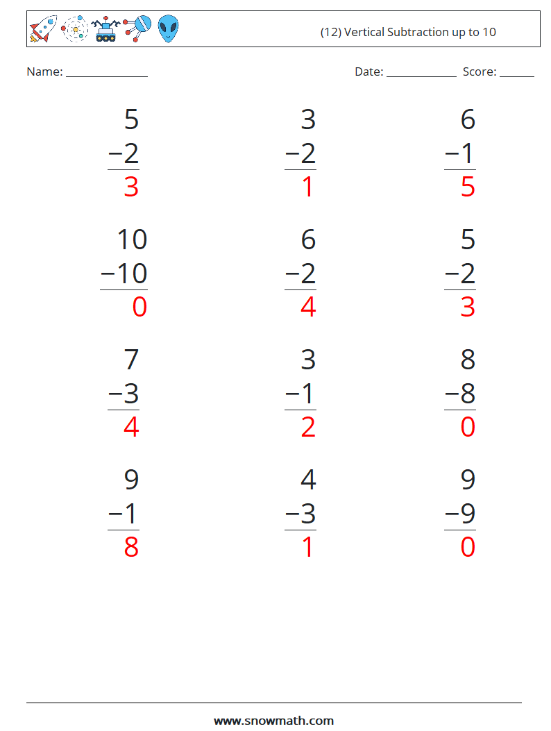(12) Vertical Subtraction up to 10 Math Worksheets 9 Question, Answer
