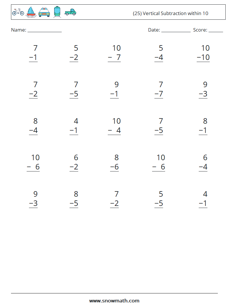 (25) Vertical Subtraction within 10 Math Worksheets 1