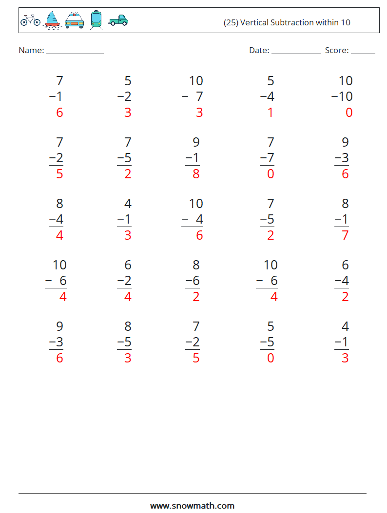 (25) Vertical Subtraction within 10 Math Worksheets 1 Question, Answer