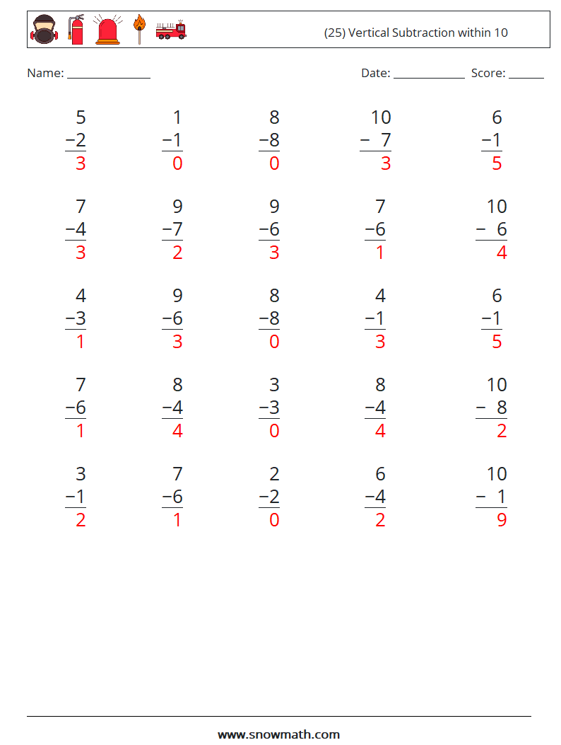 (25) Vertical Subtraction within 10 Math Worksheets 2 Question, Answer