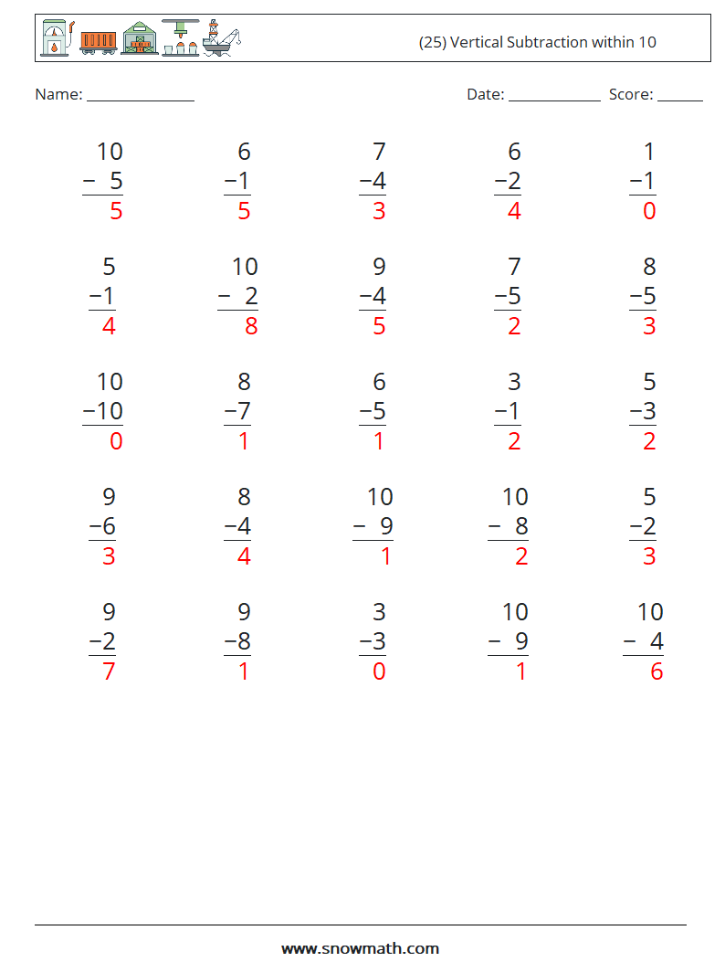 (25) Vertical Subtraction within 10 Math Worksheets 3 Question, Answer