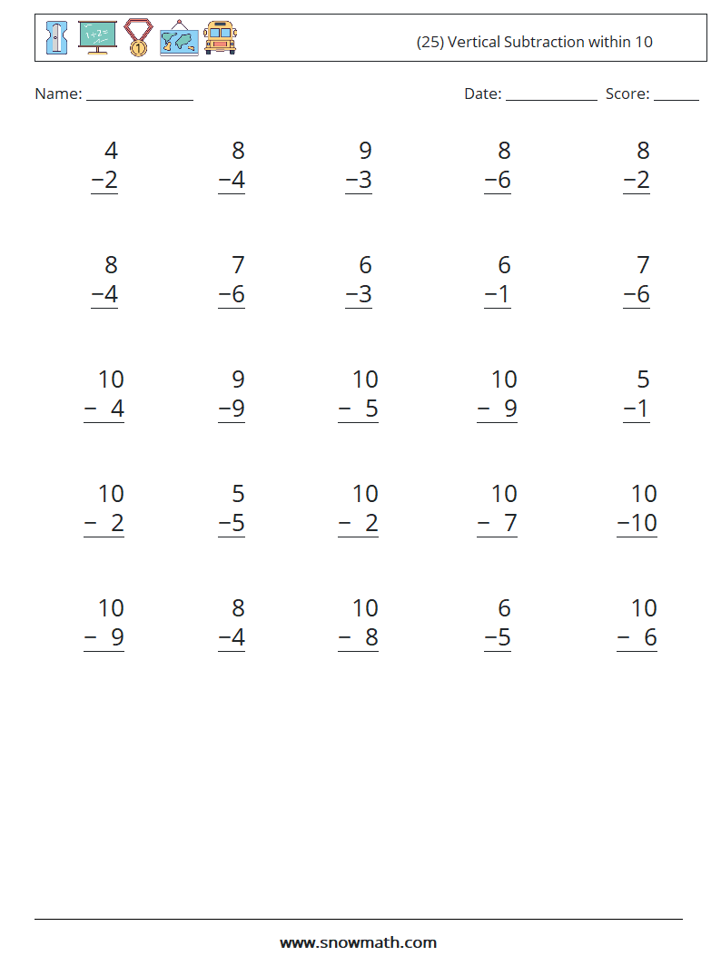 (25) Vertical Subtraction within 10 Math Worksheets 4