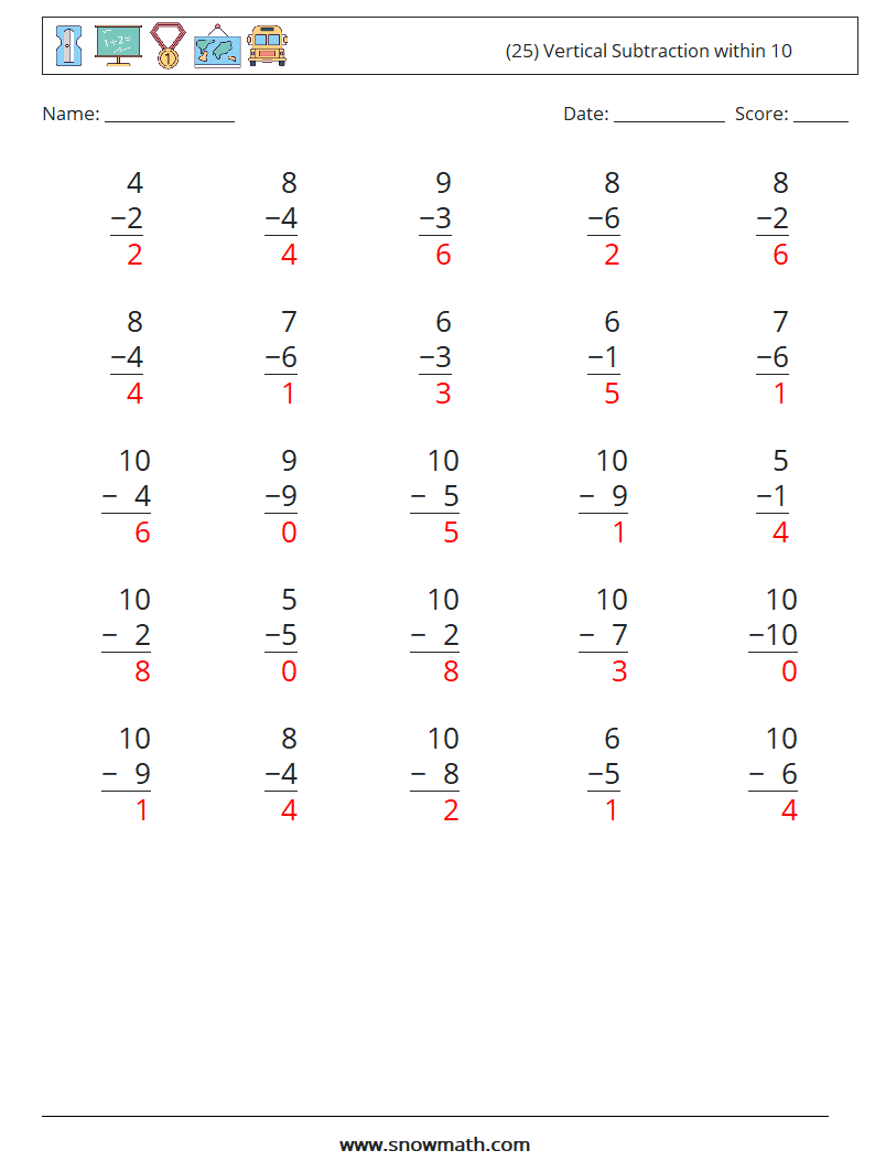 (25) Vertical Subtraction within 10 Math Worksheets 4 Question, Answer